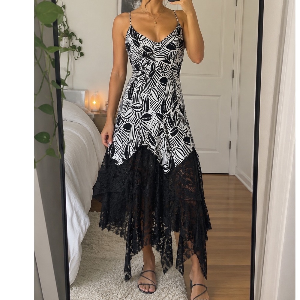 VTG sequin boho lace black white midi maxi‎ dress leaf pattern formal grunge